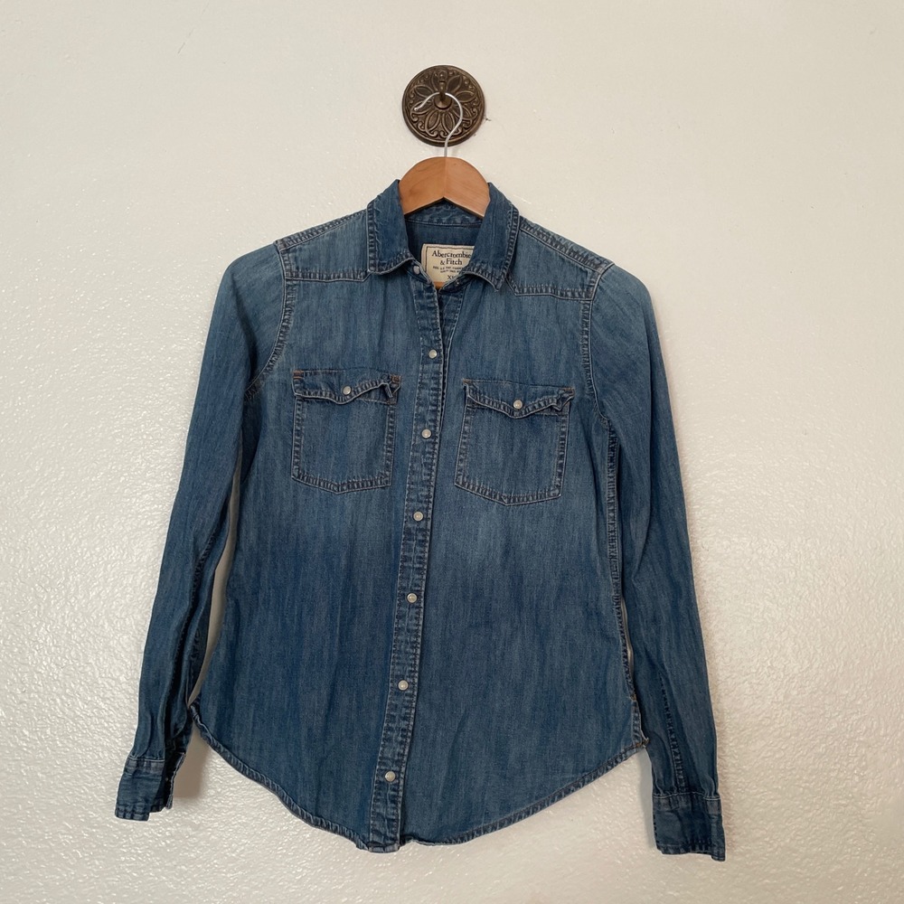 Abercrombie & Fitch Womens Denim Western Pearl Snap Shirt Blue Long Sleeve XS